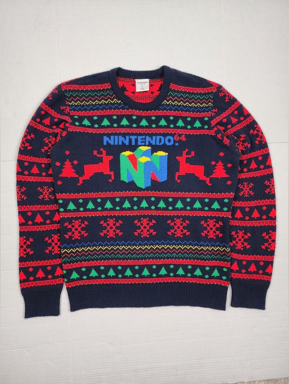 Nintendo Navy Crewneck Ugly Sweater with Red and Green Holiday Motifs Size L